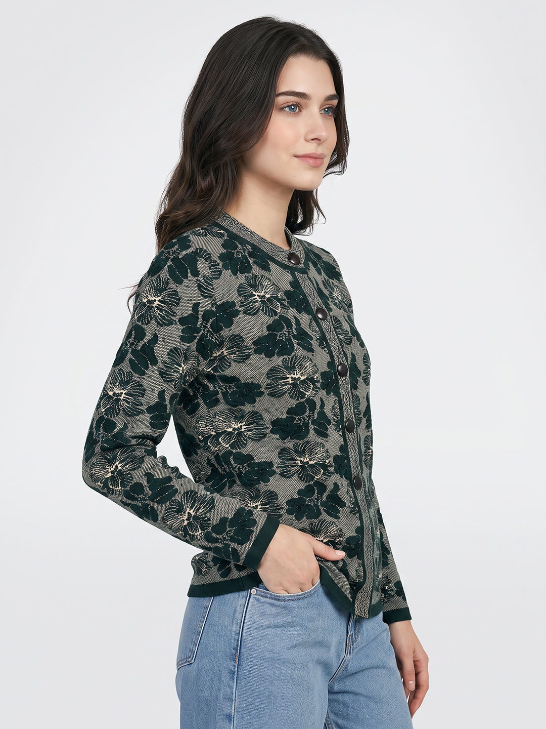 Women Green Jacquard Mandarin Collar Full Sleeve Cardigan