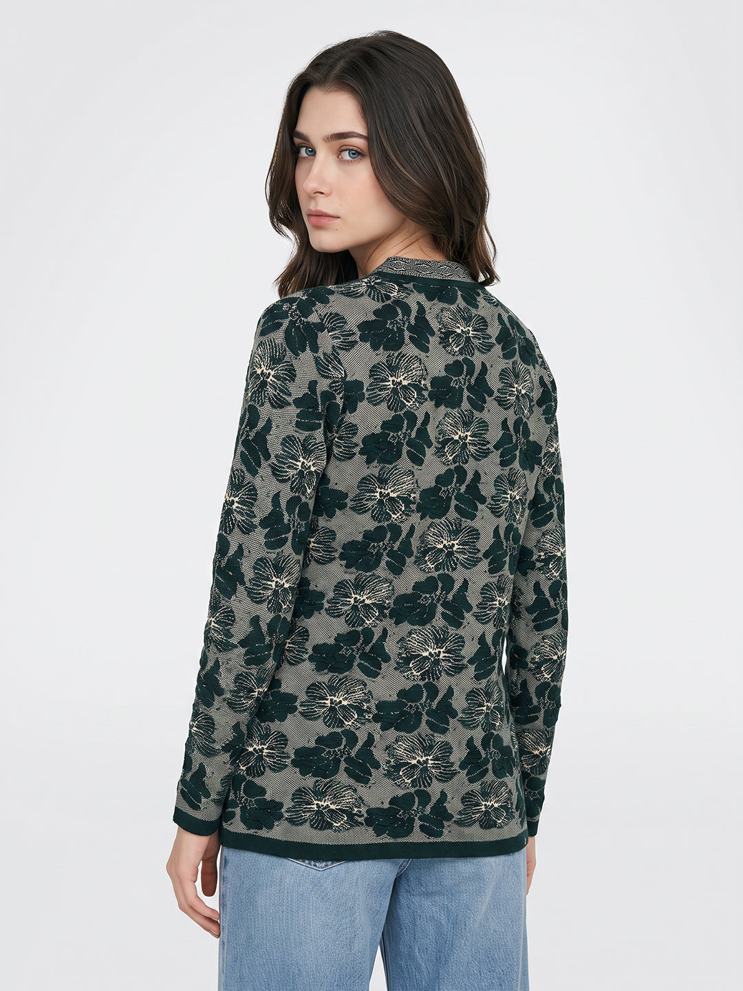 Women Green Jacquard Mandarin Collar Full Sleeve Cardigan
