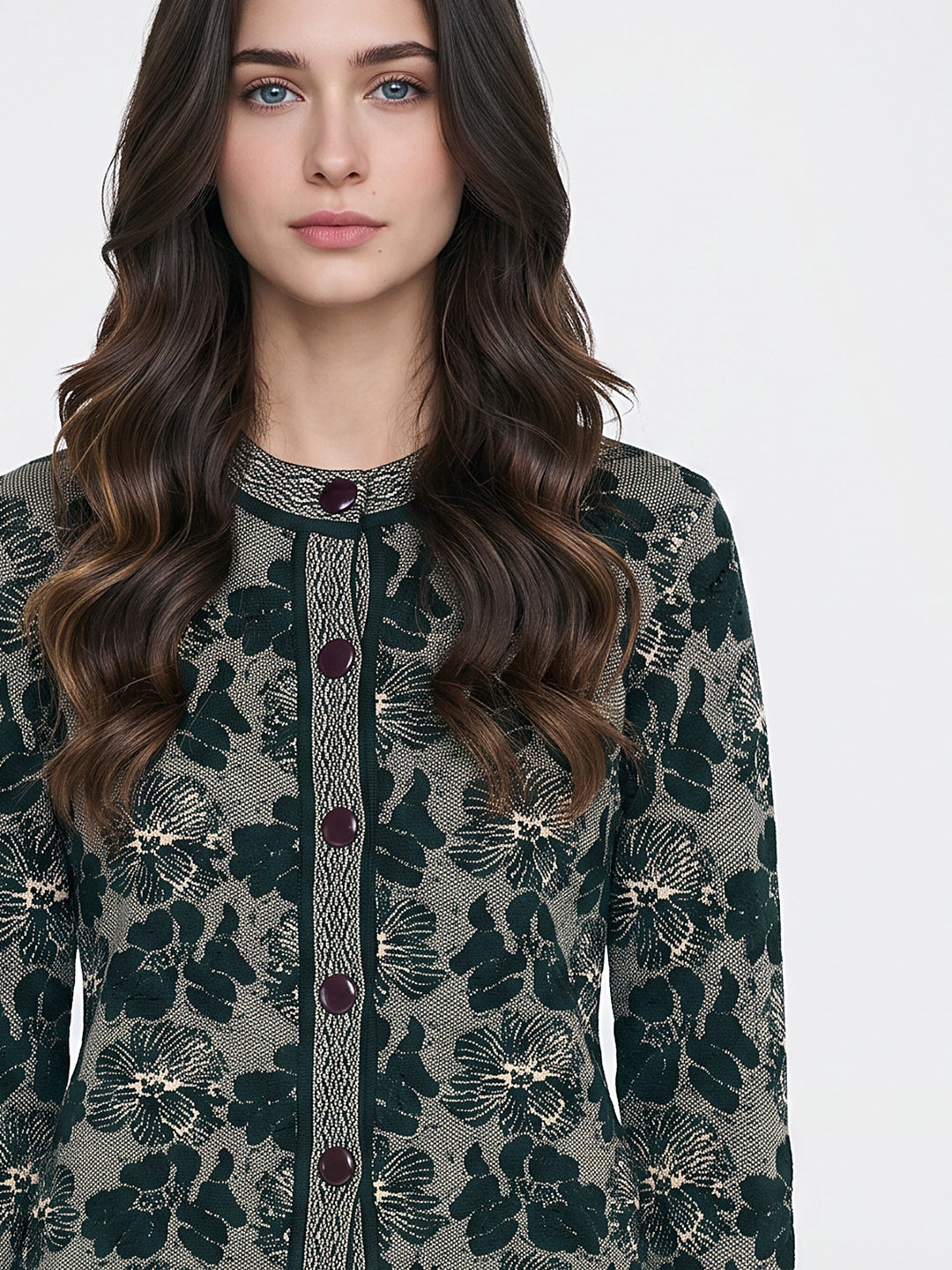 Women Green Jacquard Mandarin Collar Full Sleeve Cardigan