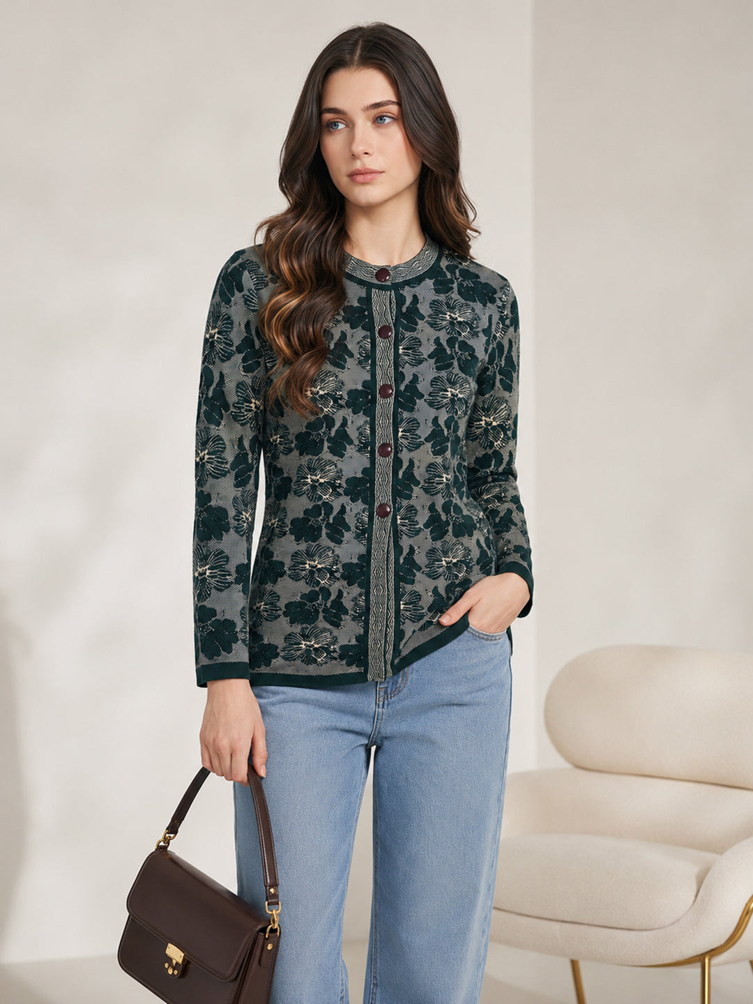 Women Green Jacquard Mandarin Collar Full Sleeve Cardigan