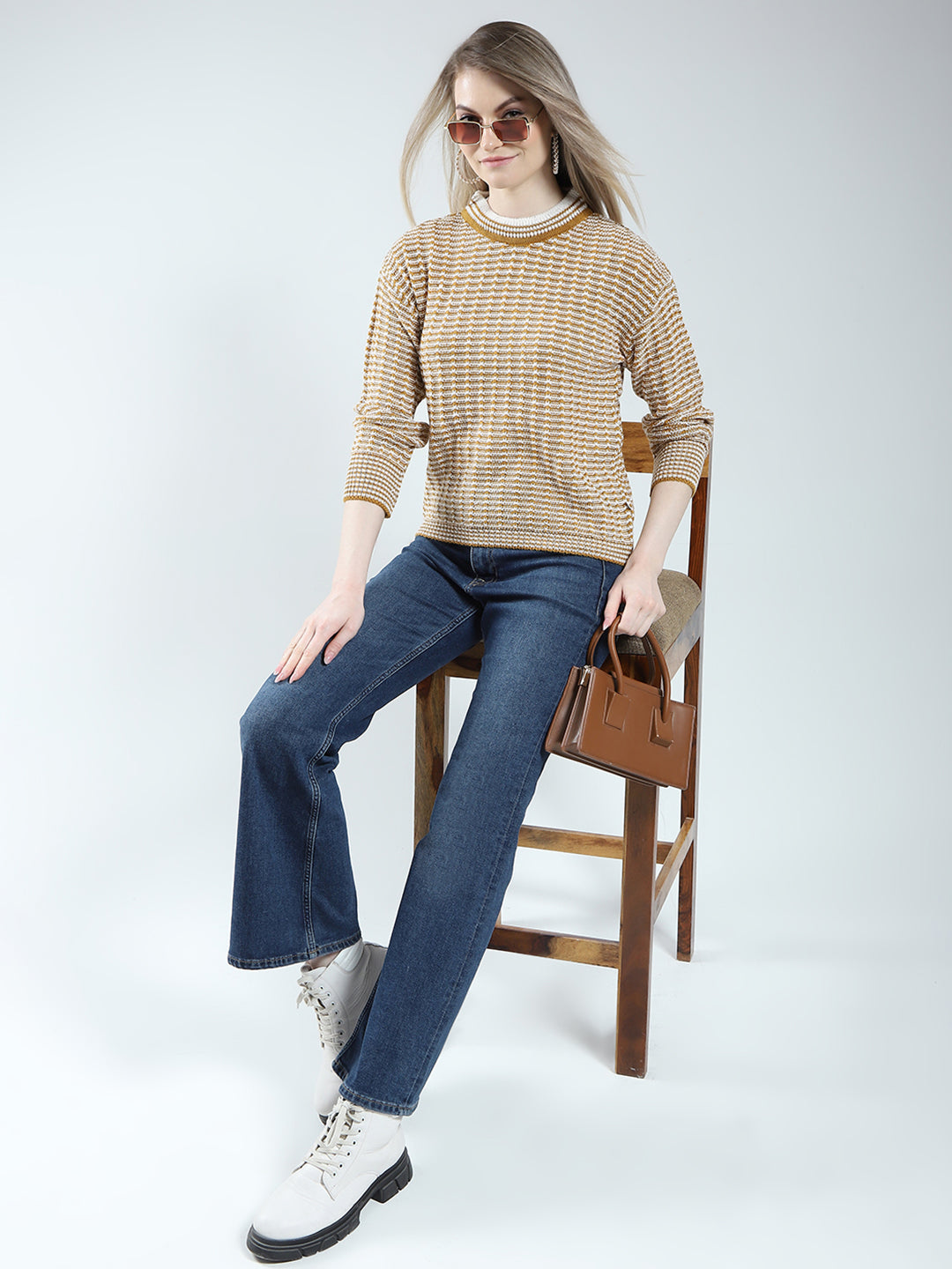 Women Mustard Self Design Round Neck Full Sleeve Winter Top