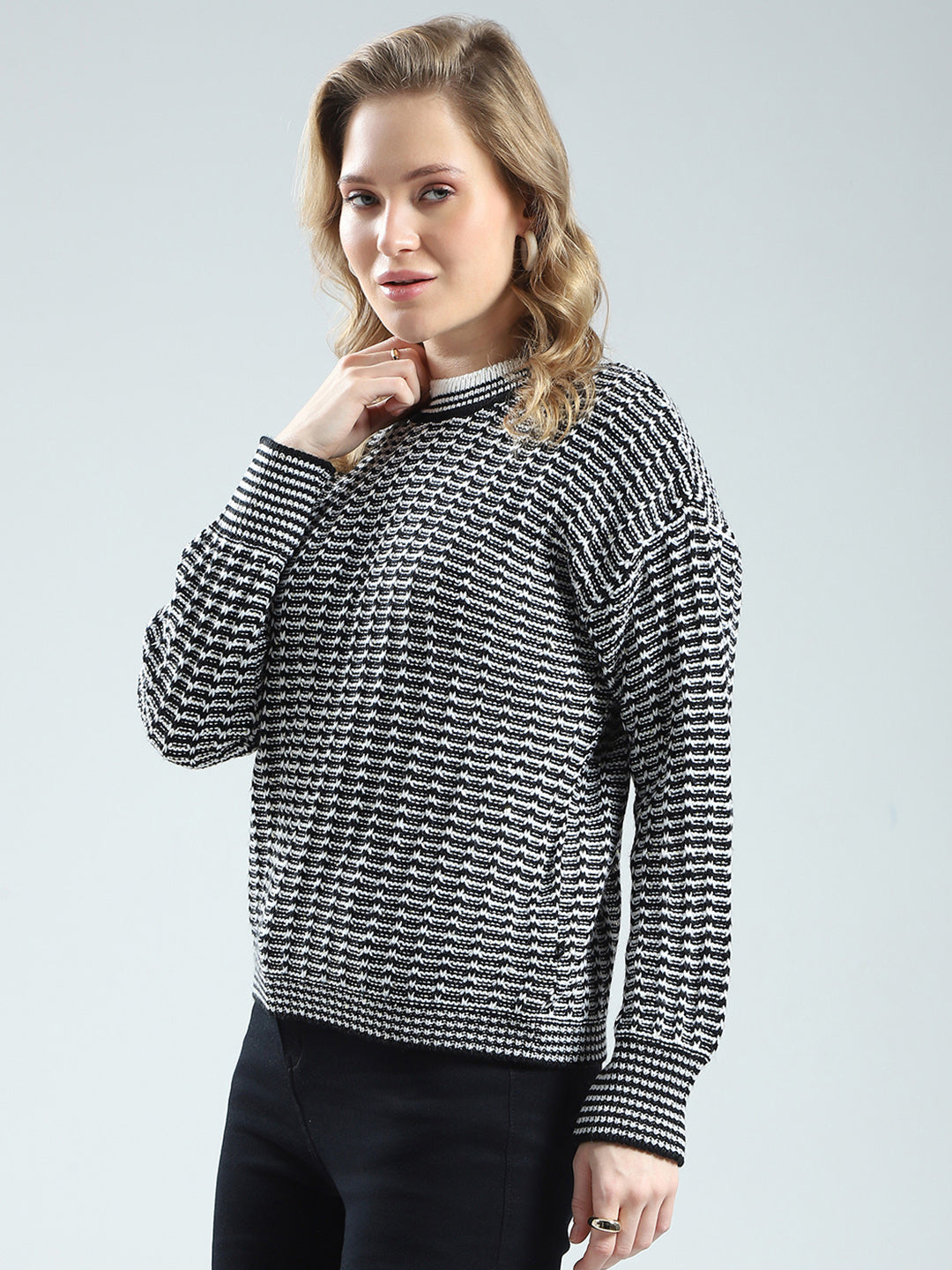 Women Black Self Design Round Neck Full Sleeve Winter Top