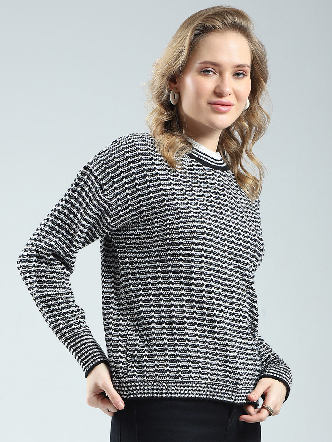 Women Black Self Design Round Neck Full Sleeve Winter Top