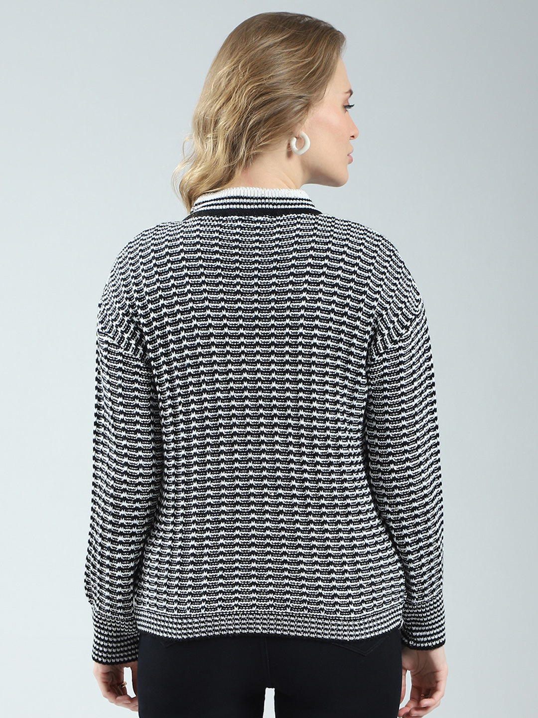 Women Black Self Design Round Neck Full Sleeve Winter Top