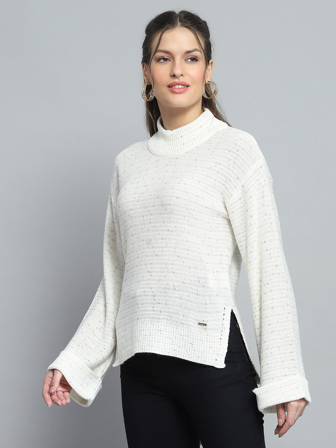 Women Off White Solid Mock Neck Full Sleeve Winte Top