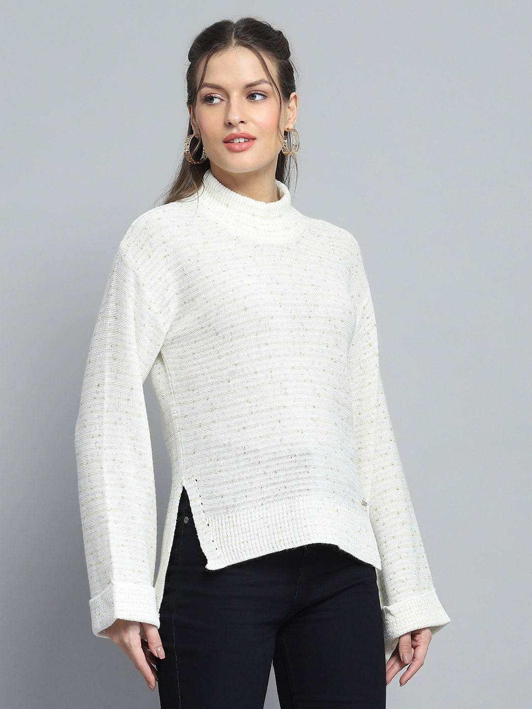 Women Off White Solid Mock Neck Full Sleeve Winte Top