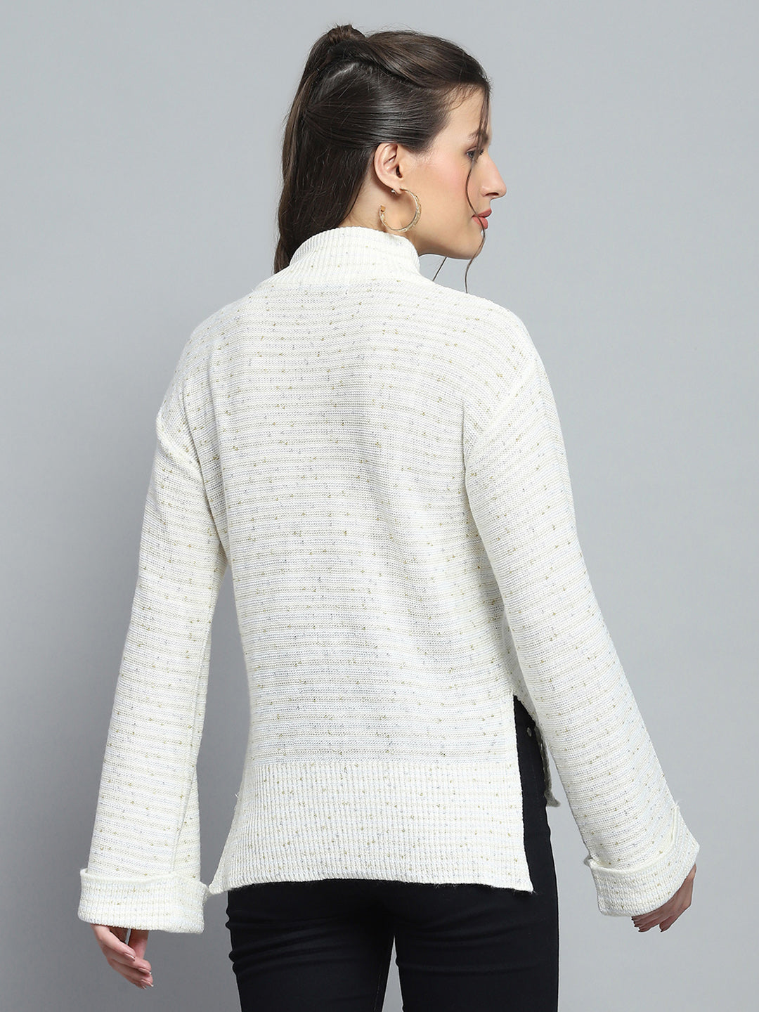 Women Off White Solid Mock Neck Full Sleeve Winte Top