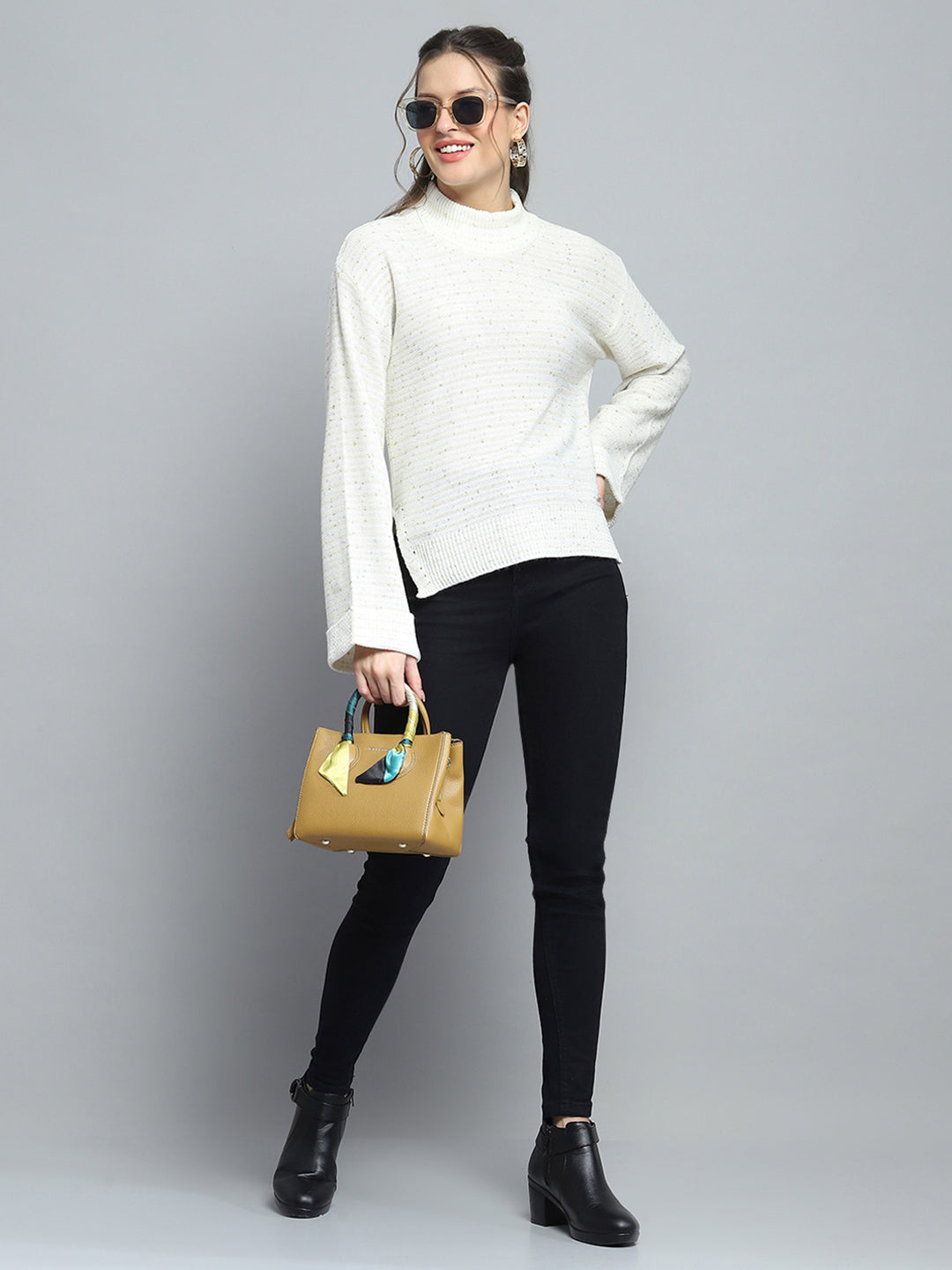 Women Off White Solid Mock Neck Full Sleeve Winte Top