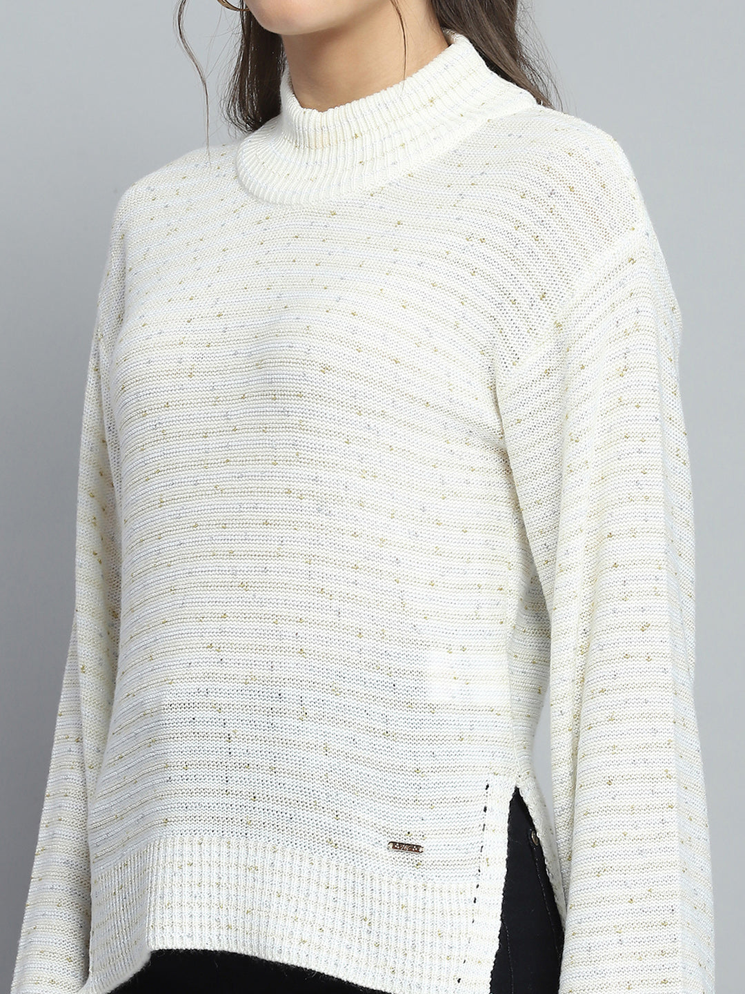 Women Off White Solid Mock Neck Full Sleeve Winte Top