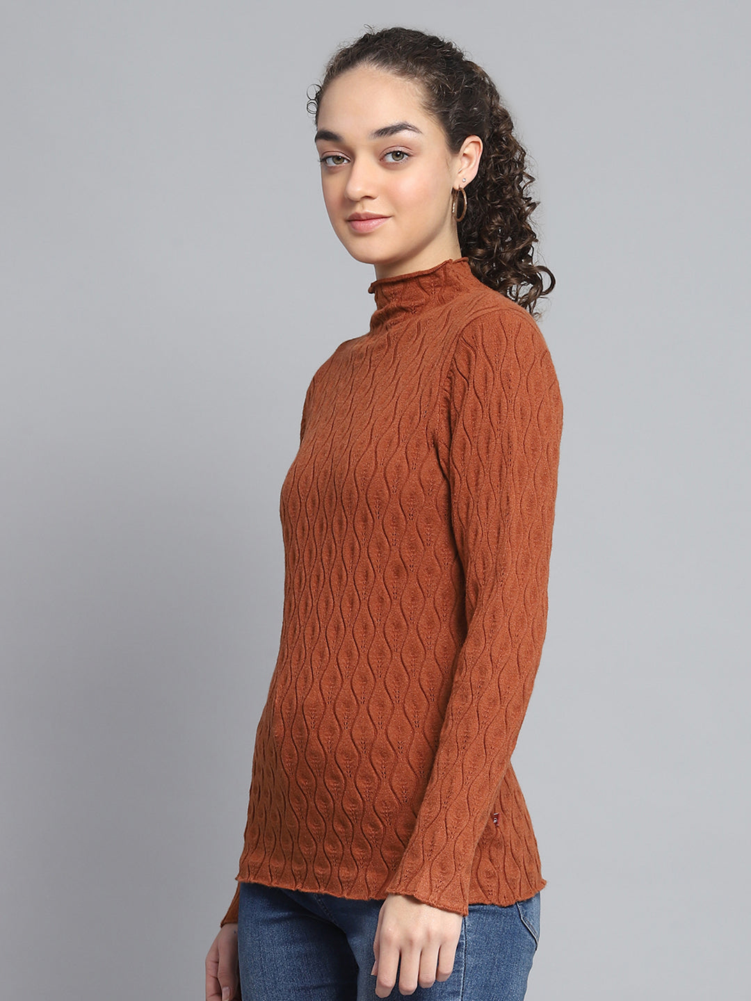 Women Rust Self Design High Neck Full Sleeve Sceavy