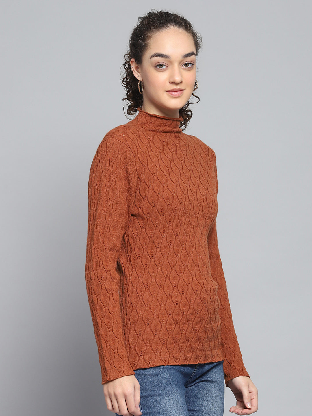 Women Rust Self Design High Neck Full Sleeve Sceavy