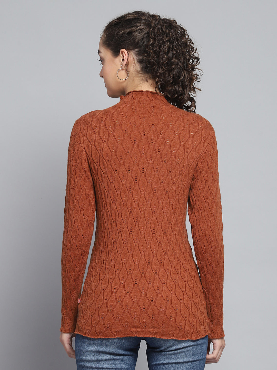 Women Rust Self Design High Neck Full Sleeve Sceavy