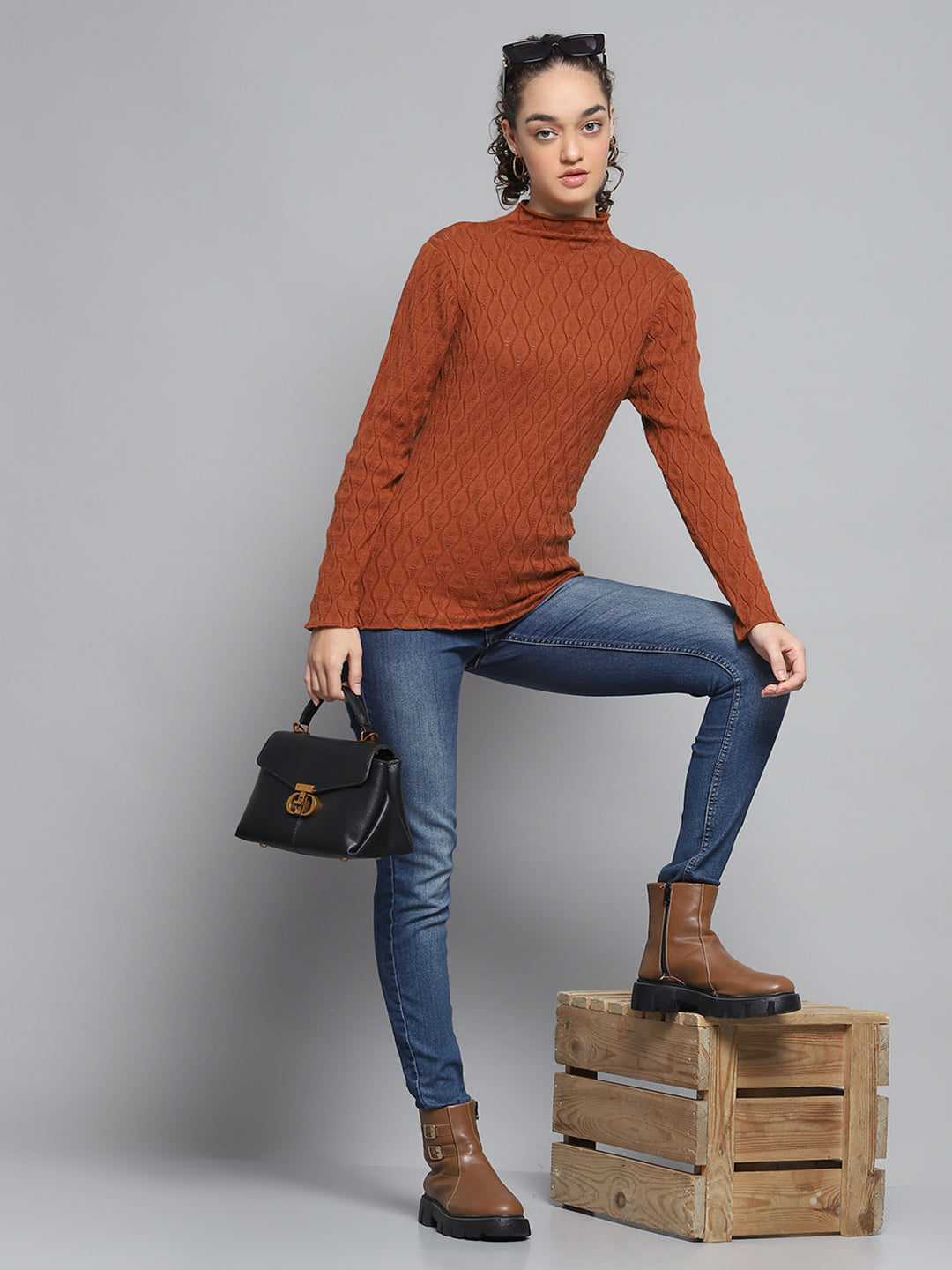 Women Rust Self Design High Neck Full Sleeve Sceavy