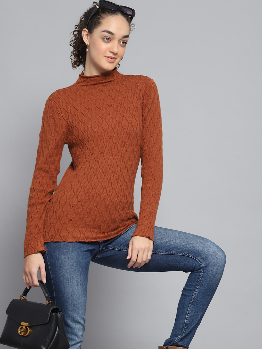 Women Rust Self Design High Neck Full Sleeve Sceavy