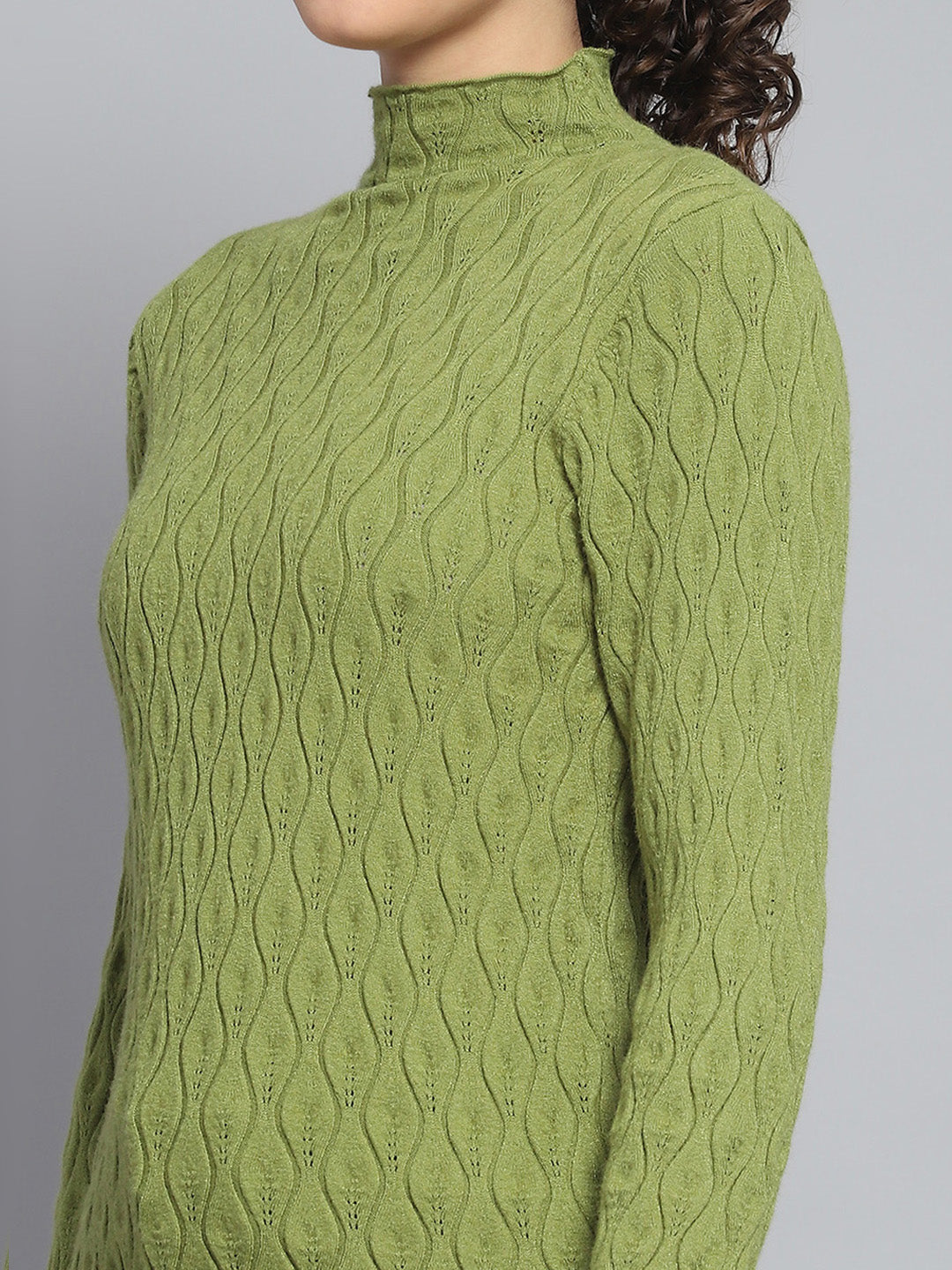 Women Green Self Design High Neck Full Sleeve Sceavy