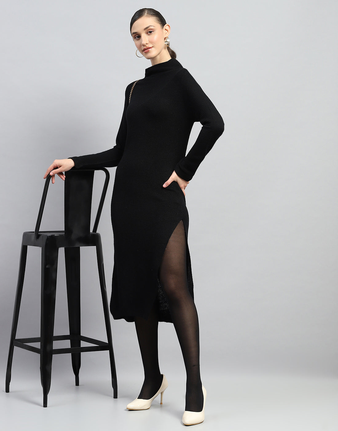 knee length dresses for ladies Women Long Dark Grey Wool Dress 4022 – Xiaolizi main image 0