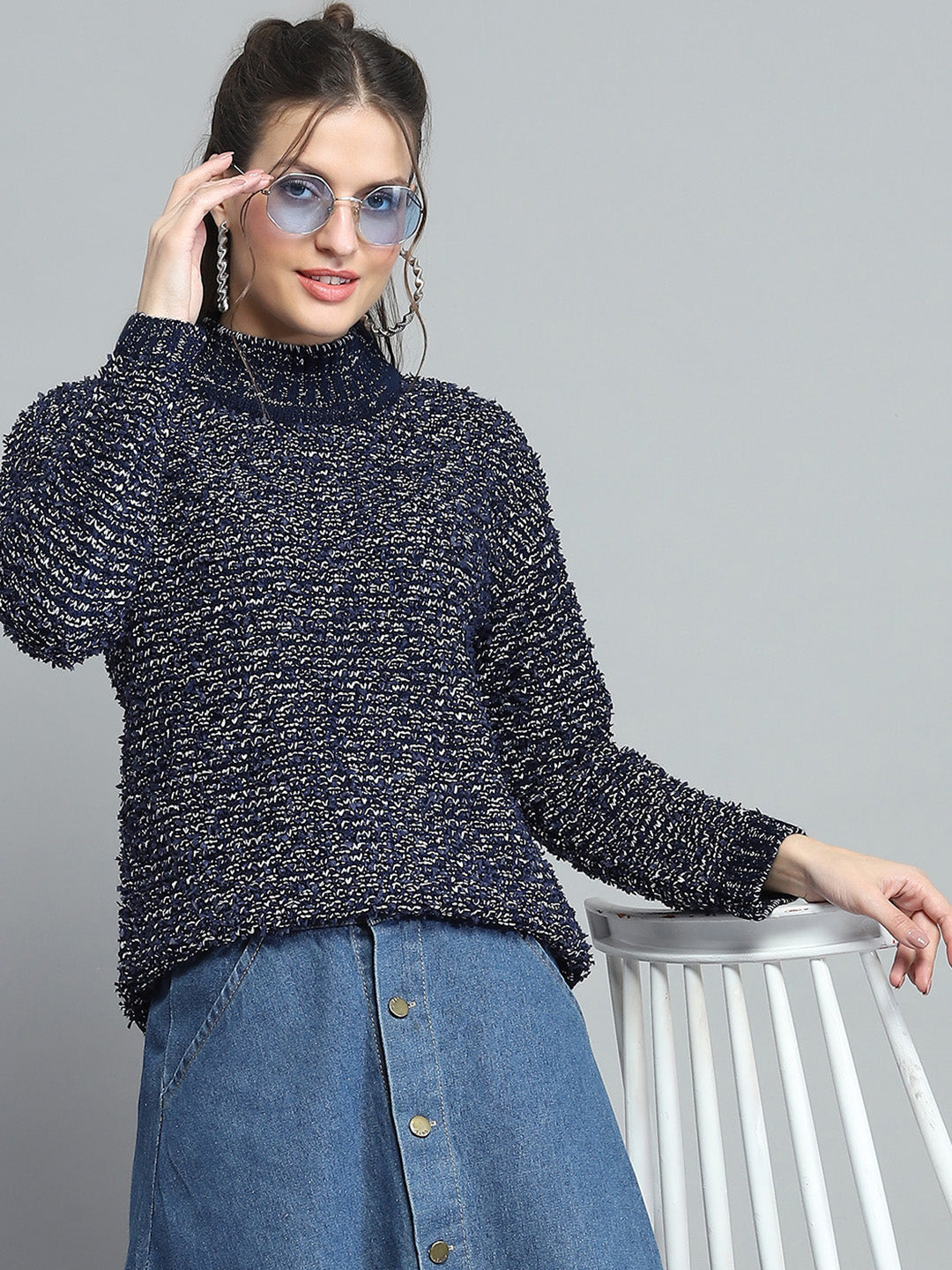 Women Navy Blue Self Design Mock Neck Full Sleeve Winte Top