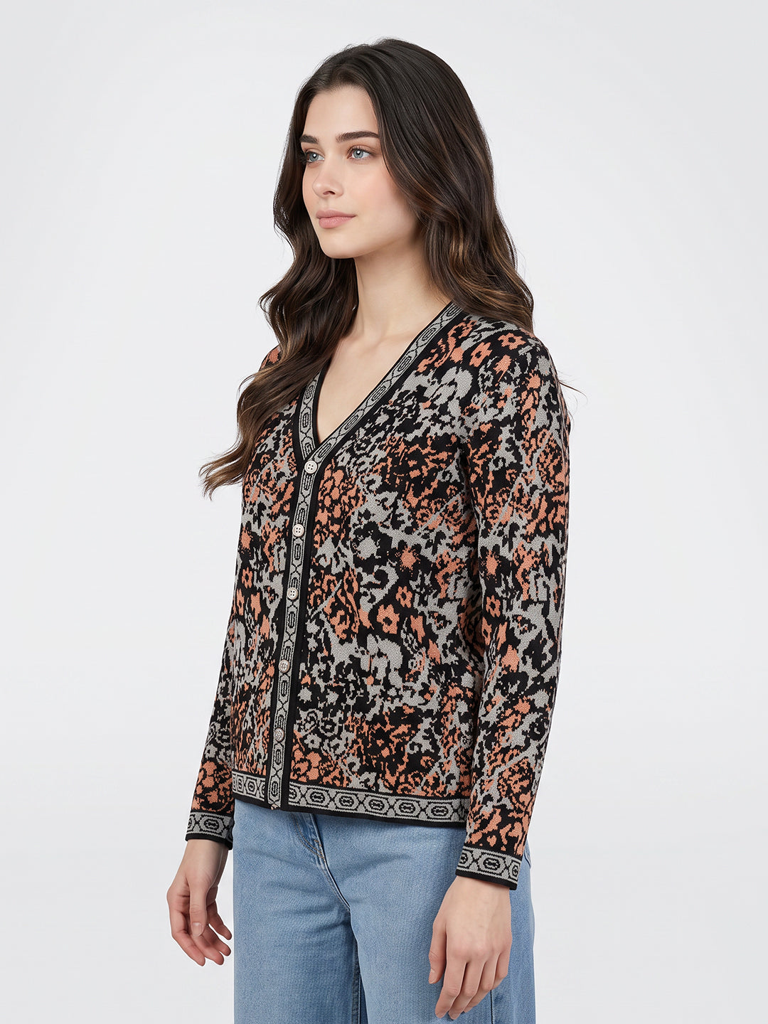 Women Grey Jacquard V Neck Full Sleeve Cardigan