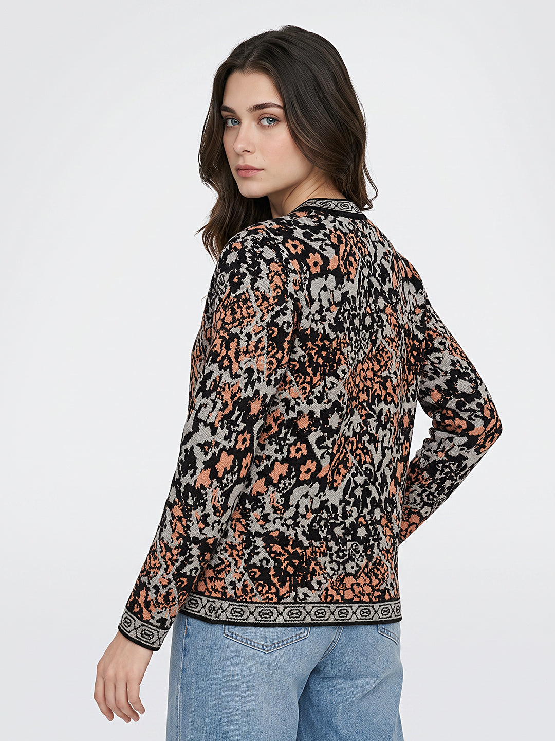 Women Grey Jacquard V Neck Full Sleeve Cardigan