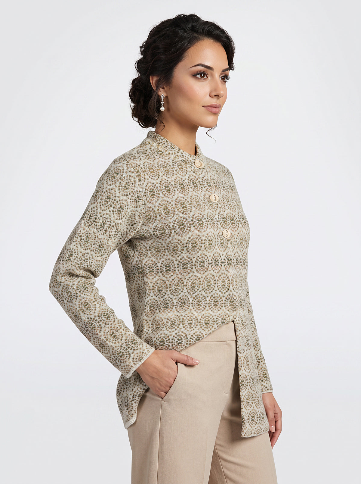 Women Beige Jacquard Turtle Neck Full Sleeve Coat