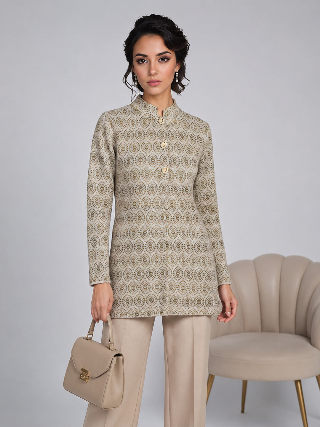Women Beige Jacquard Turtle Neck Full Sleeve Coat