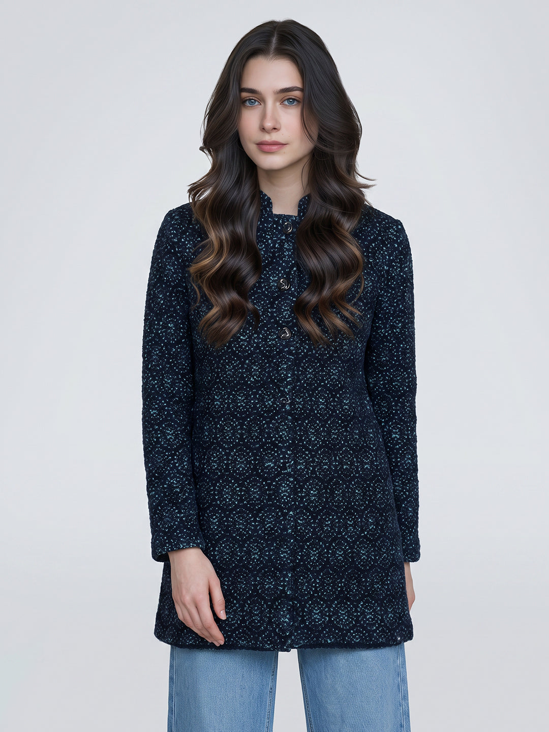 Women Navy Blue Jacquard Turtle Neck Full Sleeve Coat