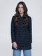 Women Navy Blue Jacquard Turtle Neck Full Sleeve Coat