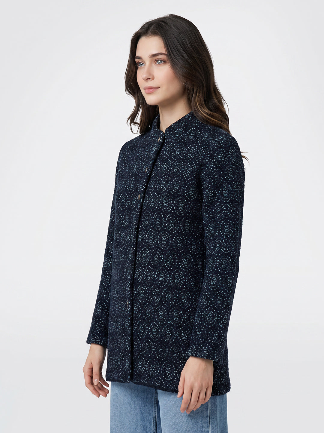 Women Navy Blue Jacquard Turtle Neck Full Sleeve Coat
