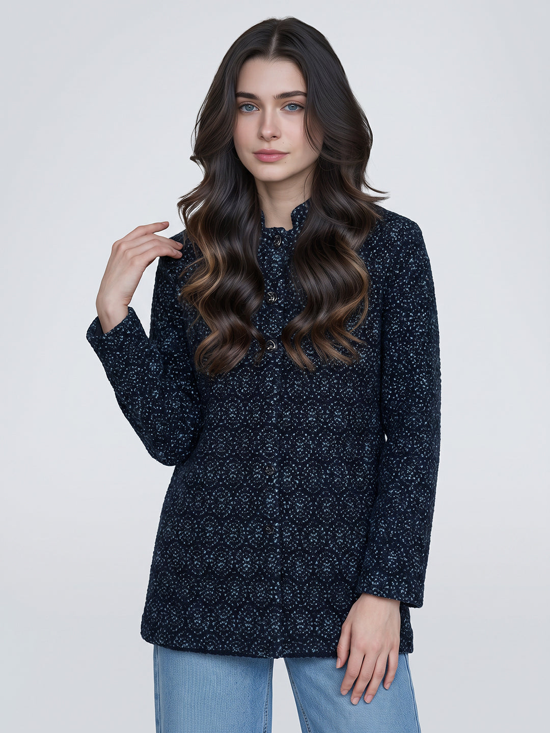Women Navy Blue Jacquard Turtle Neck Full Sleeve Coat