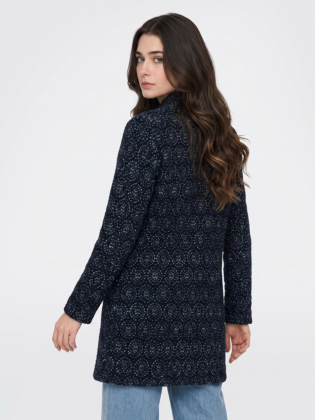 Women Navy Blue Jacquard Turtle Neck Full Sleeve Coat