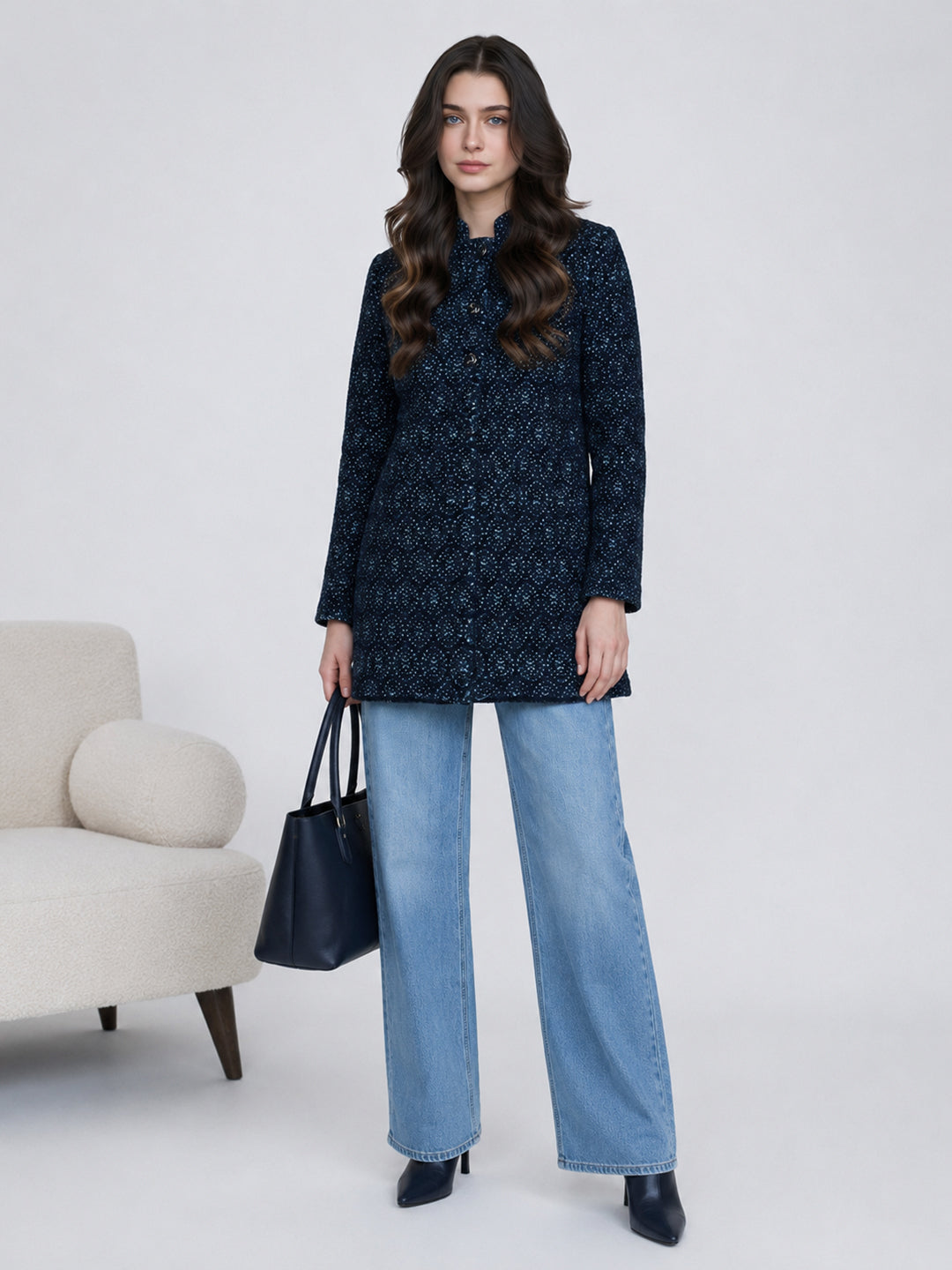 Women Navy Blue Jacquard Turtle Neck Full Sleeve Coat
