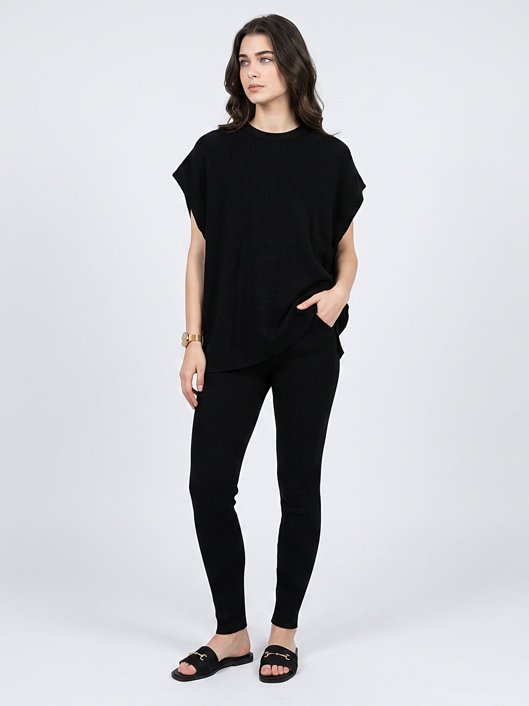 Women Black Corduroy Round Neck Full Sleeve Cords Set