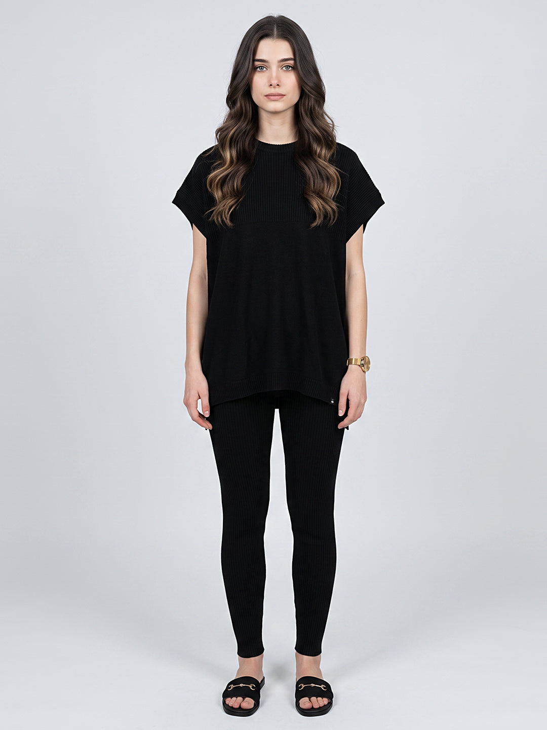 Women Black Corduroy Round Neck Full Sleeve Cords Set