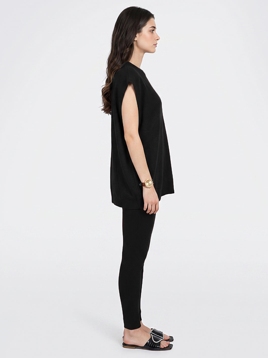 Women Black Corduroy Round Neck Full Sleeve Cords Set