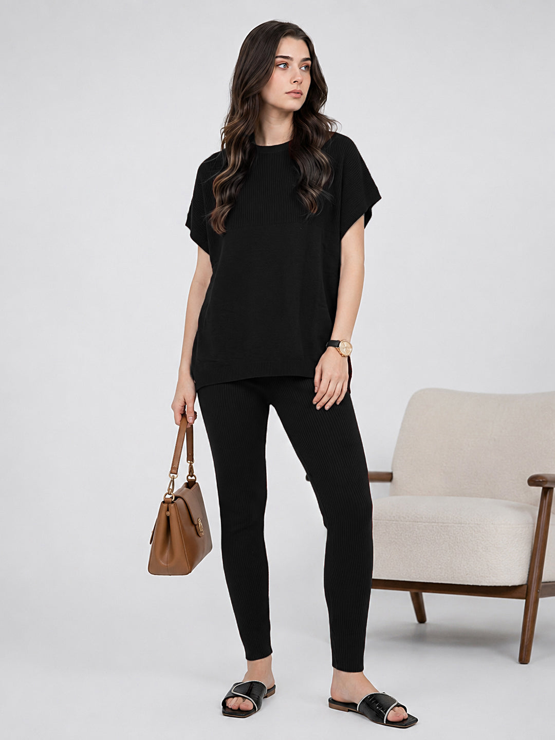 Women Black Corduroy Round Neck Full Sleeve Cords Set