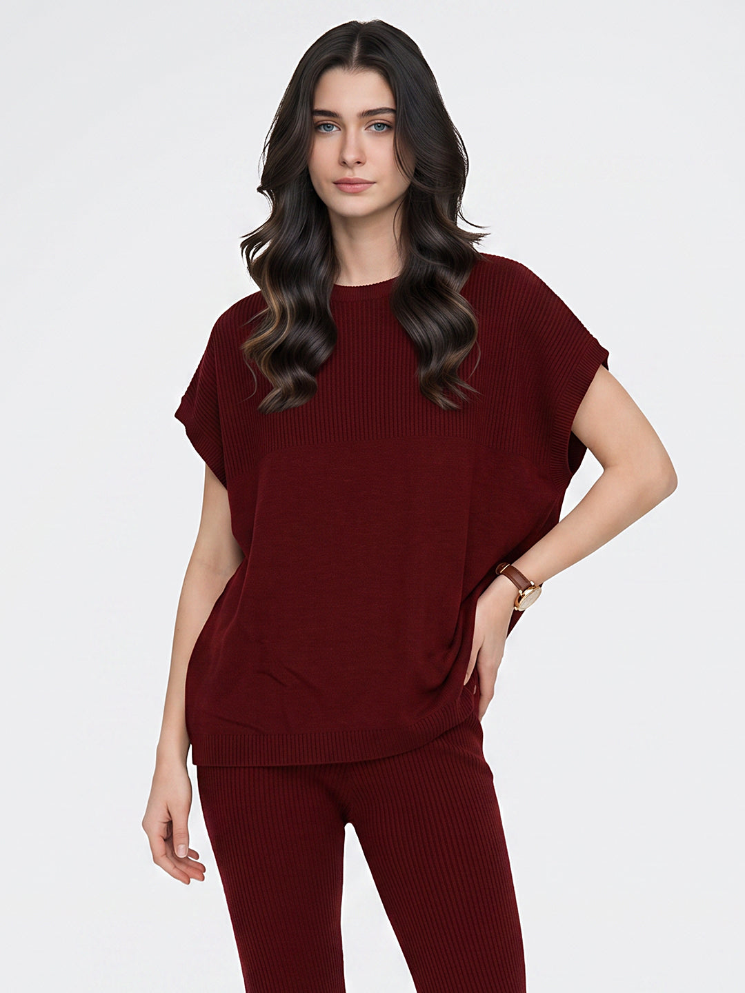 Women Maroon Corduroy Round Neck Full Sleeve Cords Set
