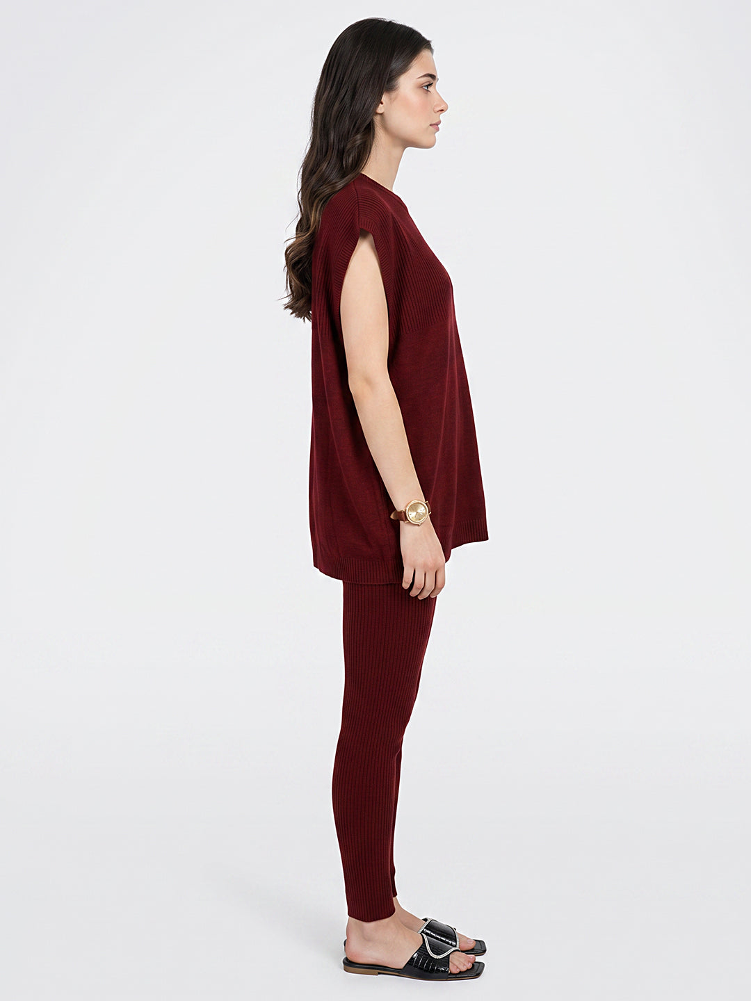Women Maroon Corduroy Round Neck Full Sleeve Cords Set