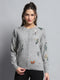Women Grey Self Design Round Neck Full Sleeve Cardigan