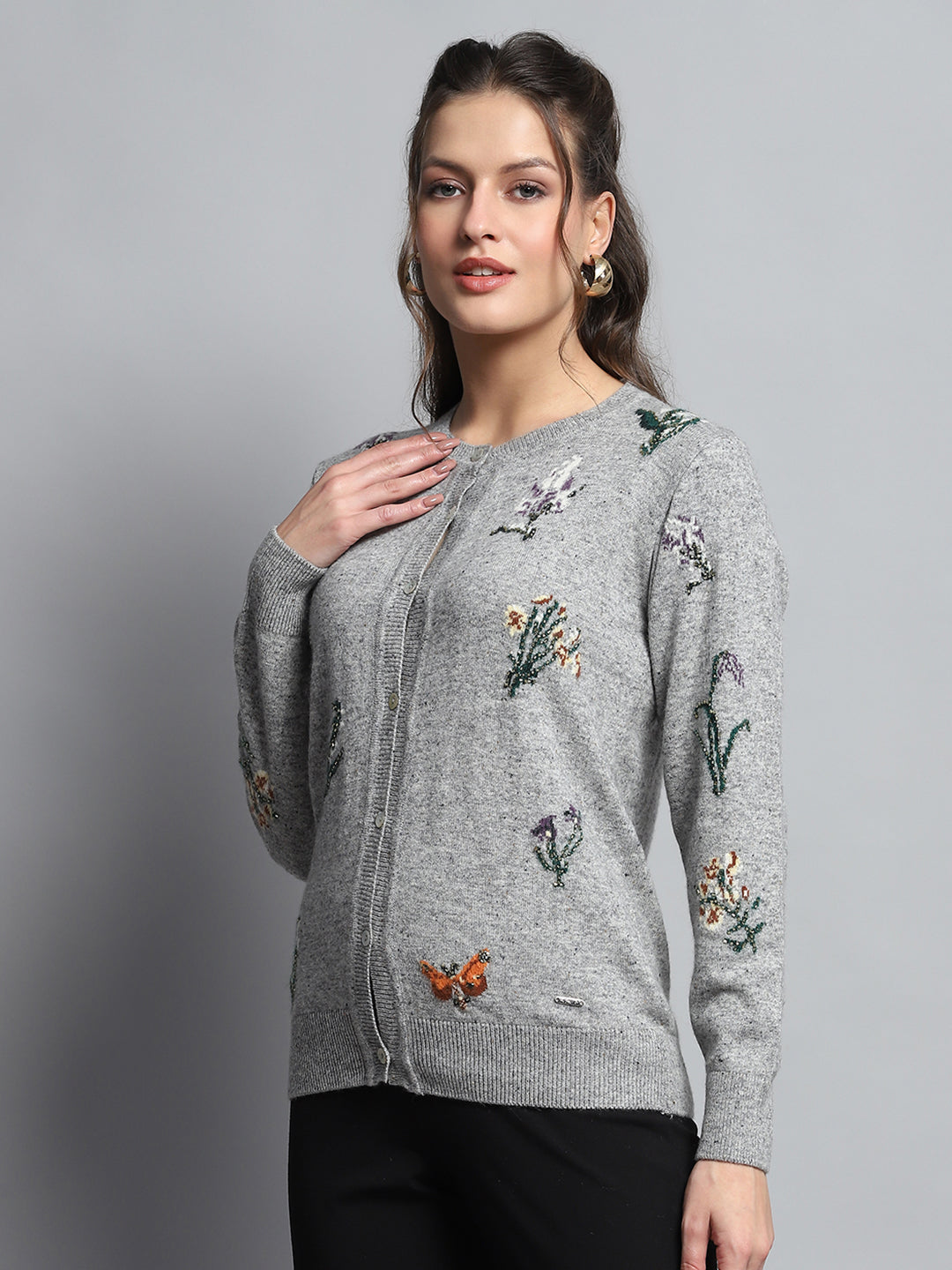 Women Grey Self Design Round Neck Full Sleeve Cardigan