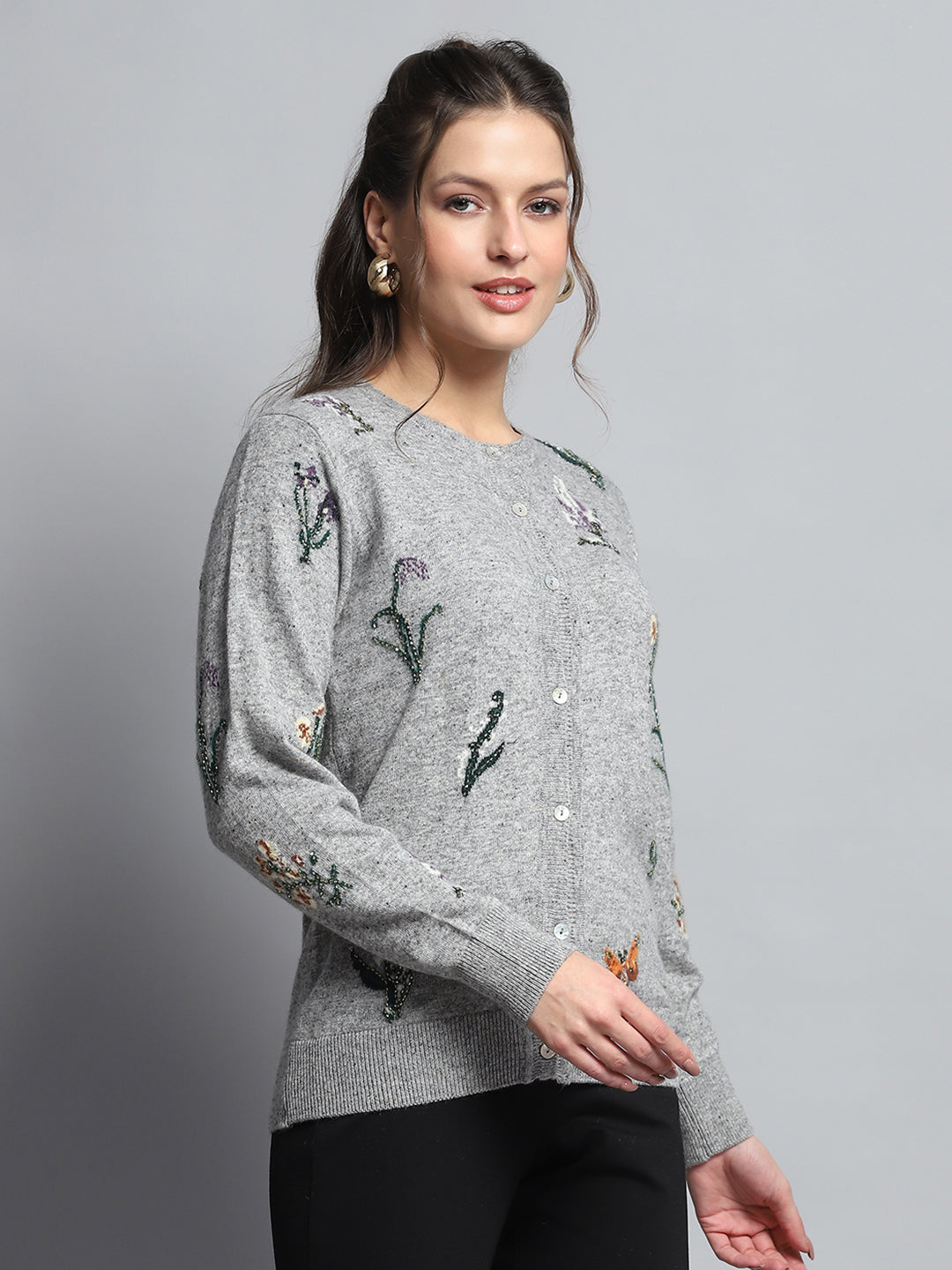 Women Grey Self Design Round Neck Full Sleeve Cardigan