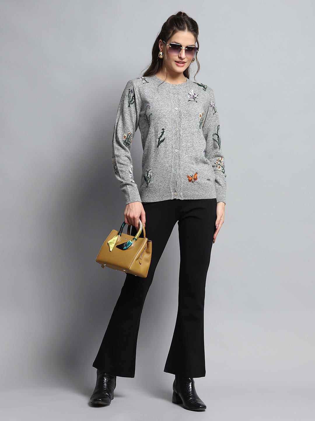 Women Grey Self Design Round Neck Full Sleeve Cardigan