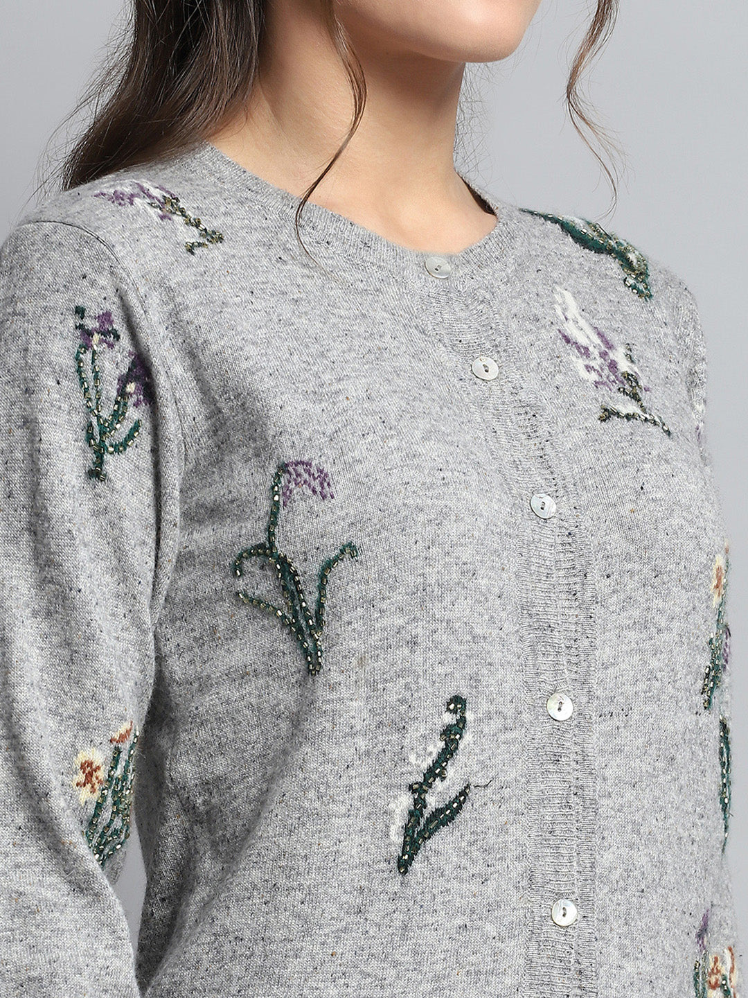 Women Grey Self Design Round Neck Full Sleeve Cardigan