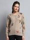 Women Camel Brown Self Design Round Neck Full Sleeve Cardigan