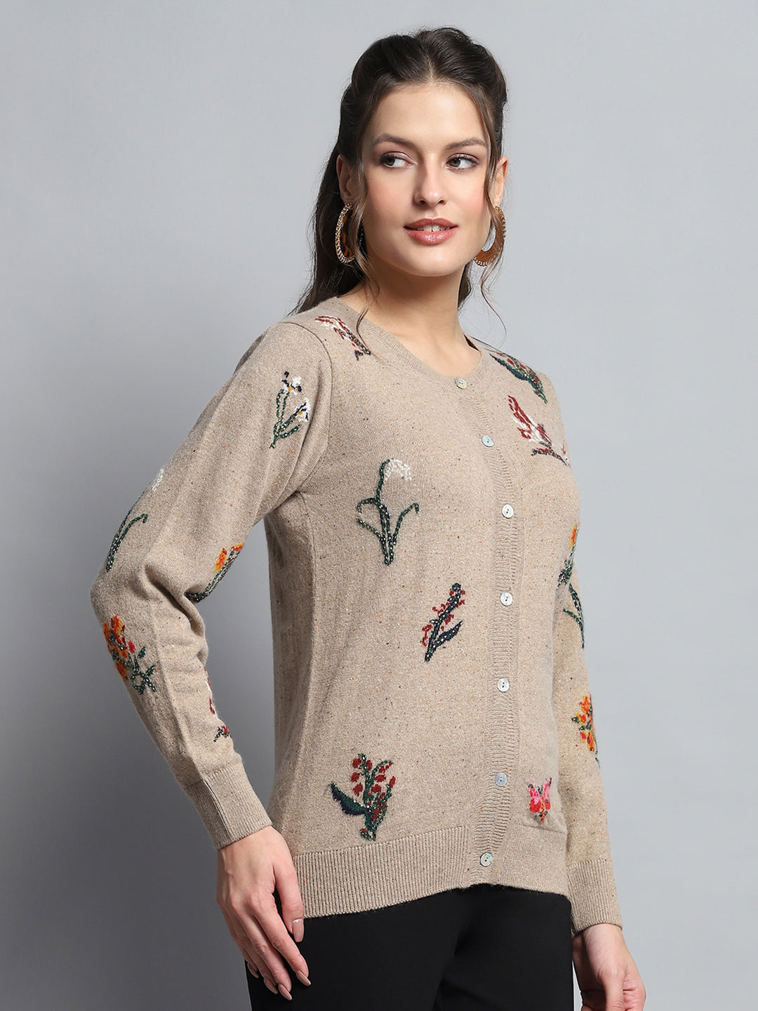 Women Camel Brown Self Design Round Neck Full Sleeve Cardigan