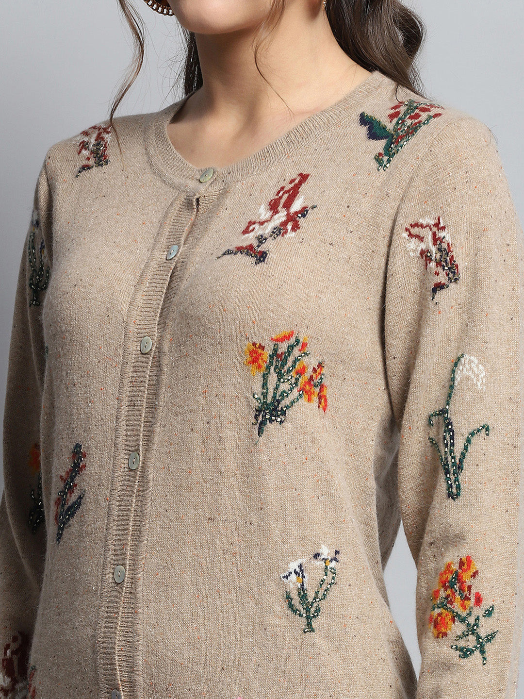 Women Camel Brown Self Design Round Neck Full Sleeve Cardigan