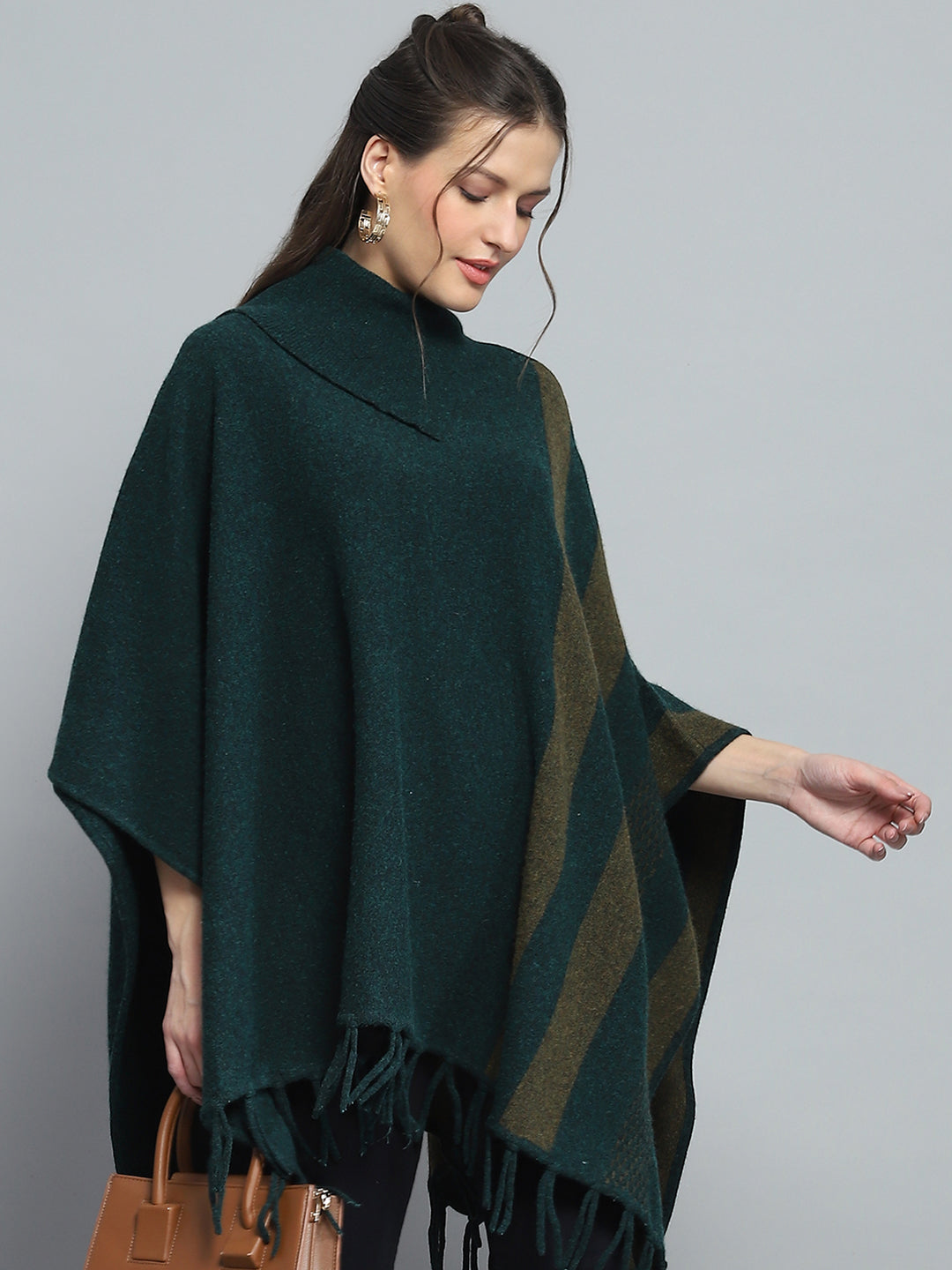 Women Green Self Design Poncho
