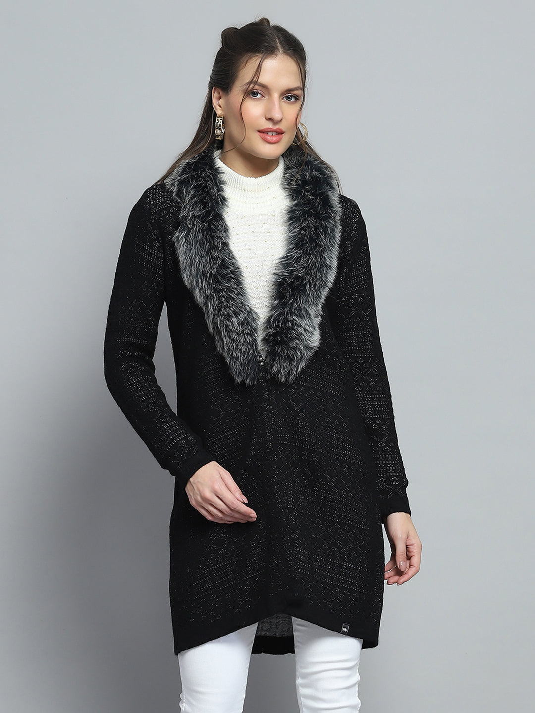 Women Black Self Design Front Open Full Sleeve Cardigan