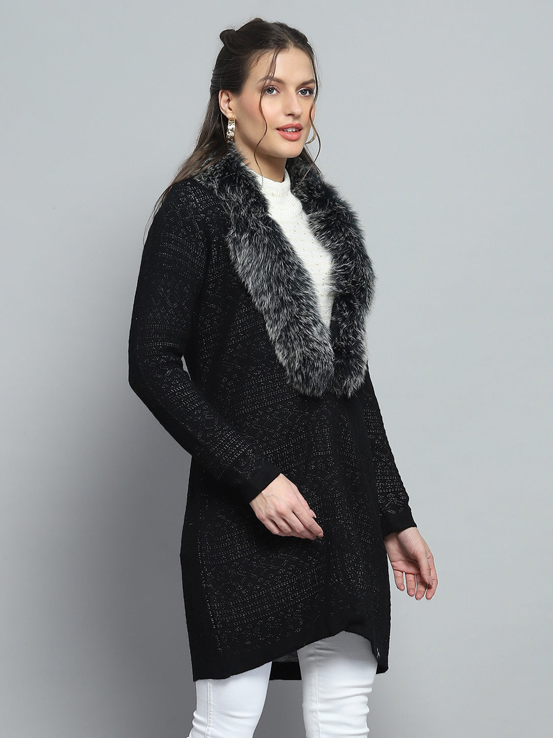 Women Black Self Design Front Open Full Sleeve Cardigan