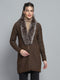 Women Brown Self Design Front Open Full Sleeve Cardigan