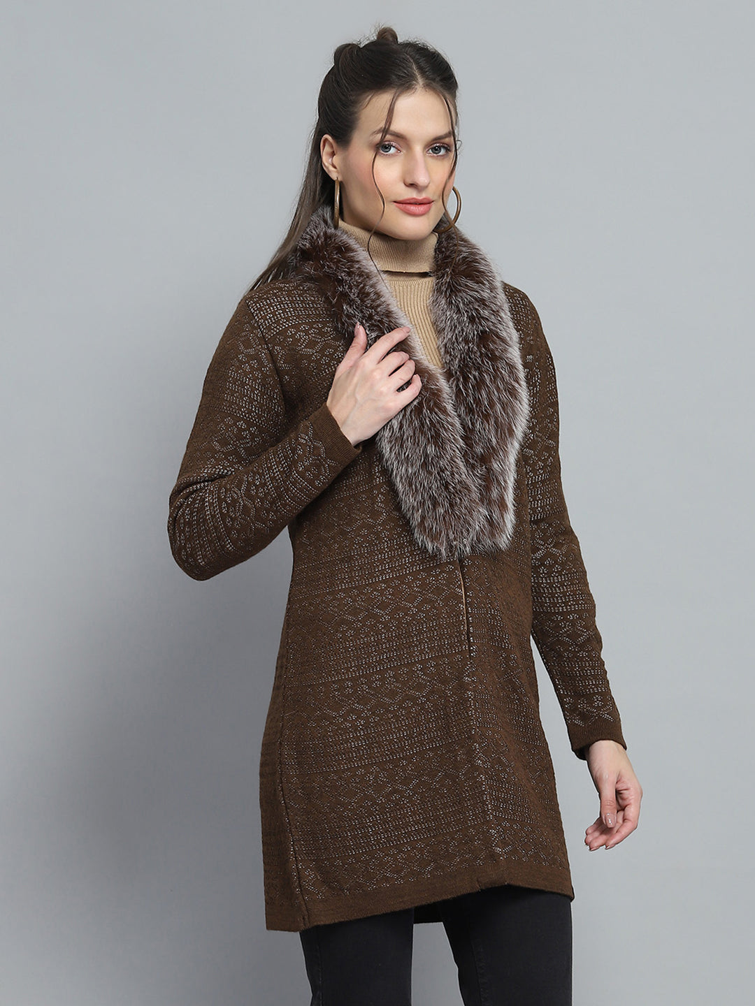 Women Brown Self Design Front Open Full Sleeve Cardigan